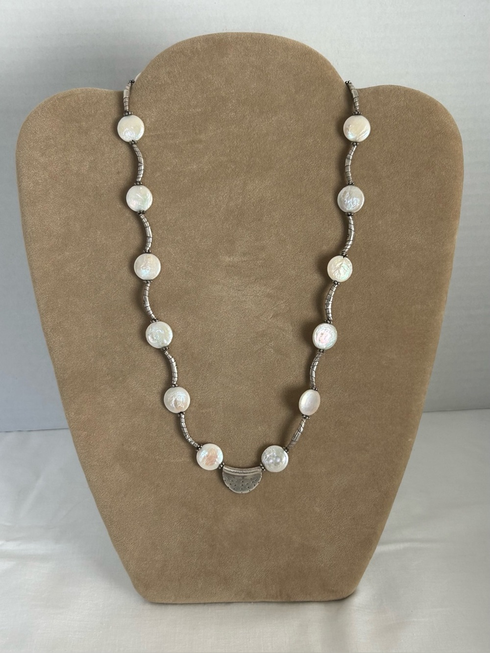 Vintage Art Deco Mother Of Pearl Coin Necklace Sterling Silver